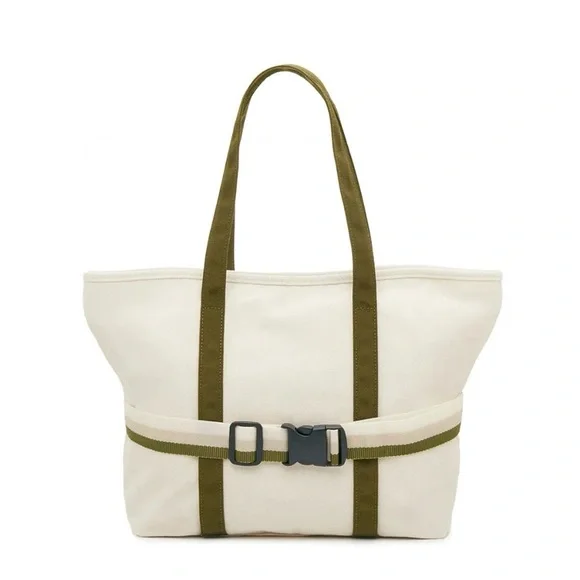 NEW Ivory/Green Canvas Tote With Travel Band - Picture 3 of 7